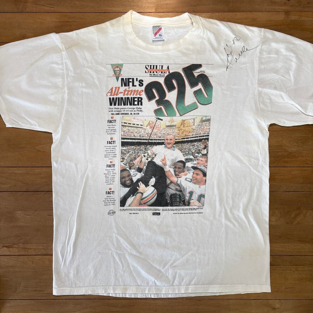 Vintage 1993 Don Shula Autographed Miami Dolphins Shirt Jerzees XL Wins Signed